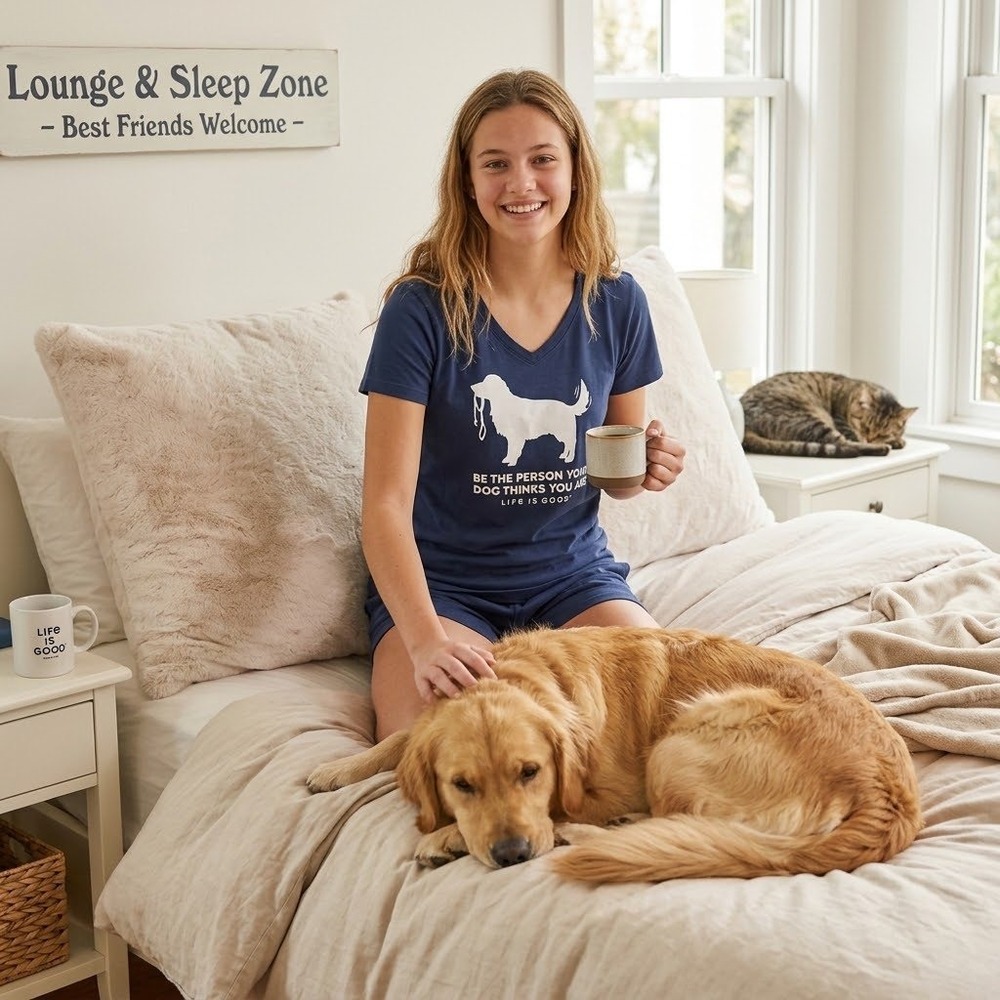 Life is Good Sleep Shirt Womens Medium Blue Dog Graphic Pajama Top Loungewear